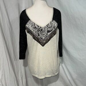 Miss Me cream Black Paisley Sequin 3/4 Sleeve Top size L